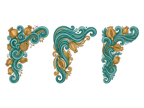 Ornamental teal and gold floral corner flourishes on transparent background. AI generative
