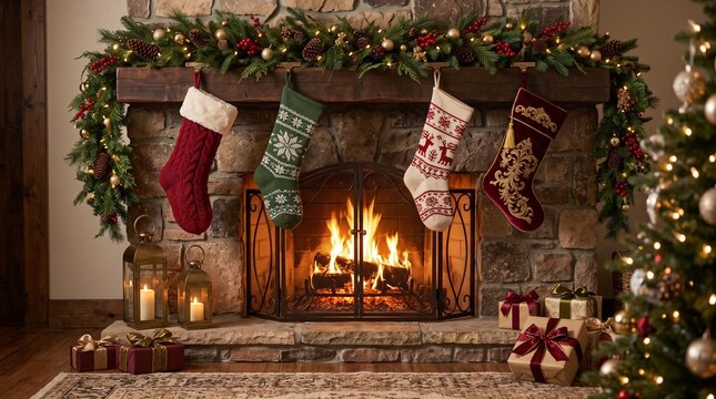 Cozy Christmas fireplace decorated with festive stockings, glowing lig
