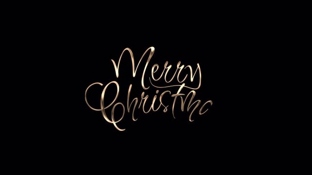 Merry christmas handwritten cursive text gleams in metallic gold lettering against a dark backdrop. 4K Alpha Channel. perfect for holiday cards, invitations, posters, and promotions.