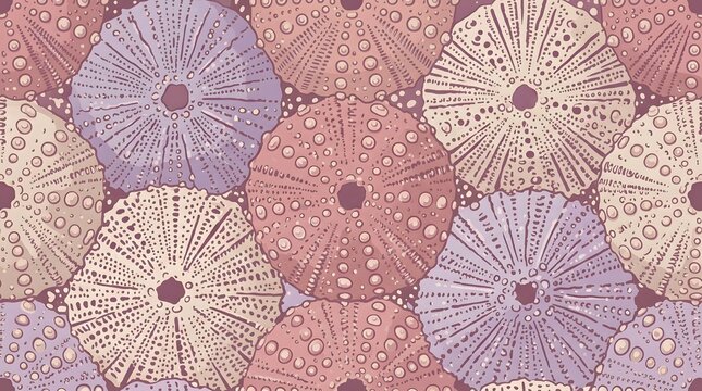 seamless pattern with sea urchin shells in pastel colors purple pink and beige marine vector background for textile and wallpaper design