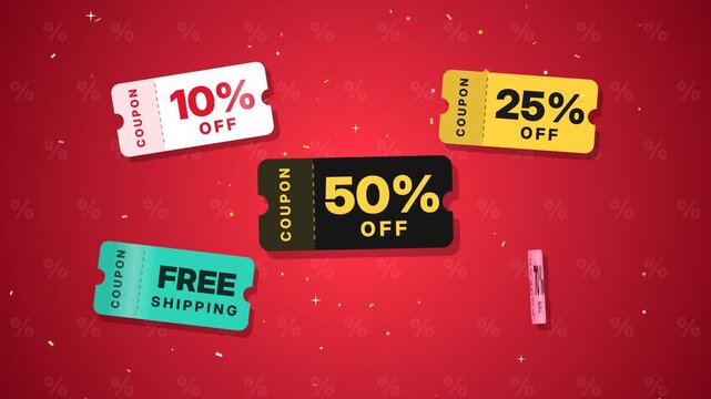 Floating discount coupon cards animation with 10, 25, 50, 70 percent off and free shipping vouchers on red background