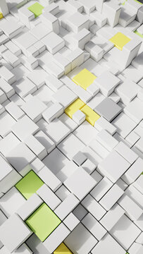 Isometric 3D render of a minimalist grid of white cubes with scattered yellow and lime green accent blocks, creating a clean geometric abstract pattern with soft shadows and depth.