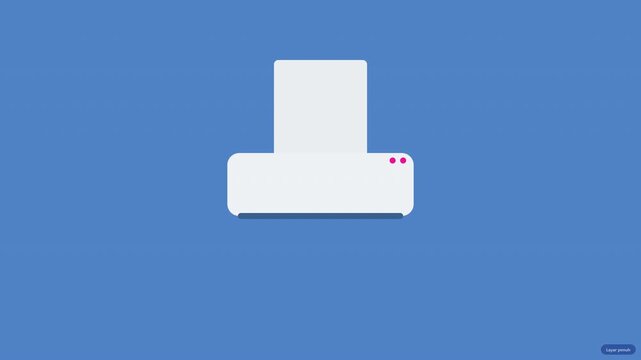 Flat style printer printing document on blue background