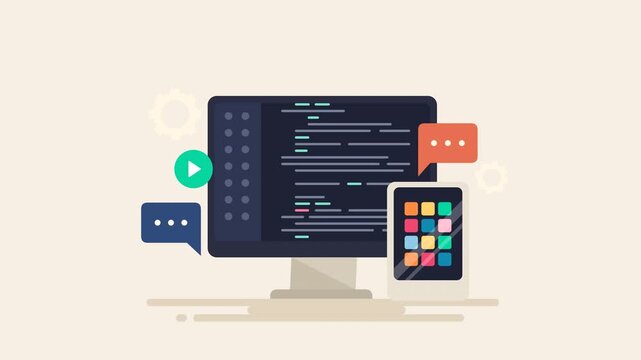 Flat web development animation with coding monitor and mobile devices