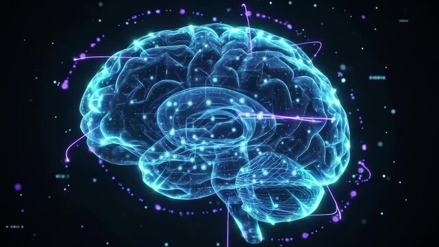 Digital brain with glowing blue connections and particles