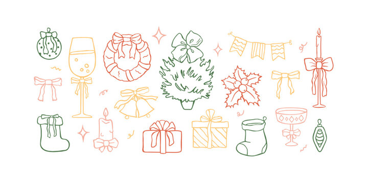 Hand drawn Xmas elements. New Year doodle graphics for holiday and celebration designs, banners, invitations. Vintage vector illustration. Traditional Christmas objects in trendy whimsy style.