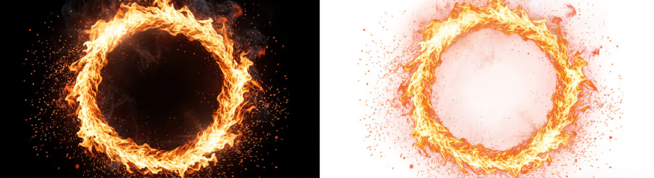 Circular ring of fire isolated on transparent background with rotating orange flames and flying embers for magical portal or mystical frame effects.