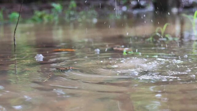 Extreme Slow Motion Raindrop Splashing Deep into Muddy Puddle with Droplet Corona