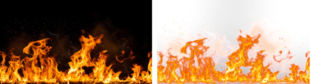 Wall of burning fire isolated on transparent background with flickering orange flames and heat distortion for horizontal border design and layout.
