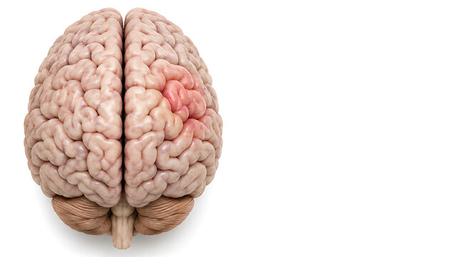 Epilepsy brain with subtle inflammation and swelling in a photorealistic 3D medical illustration on a white background with copy space for neurology patient education and healthcare communication