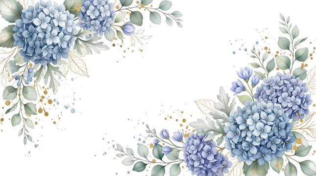 Dusty Blue Watercolor Floral Gold Splatter Corner Frame Isolated