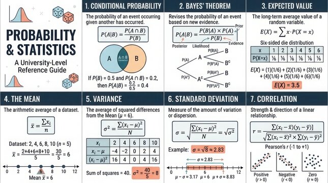 Probability statistics guide showing formulas mean variance standard