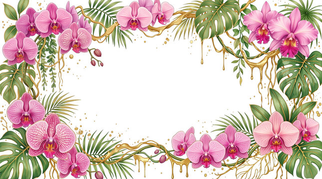Pink Watercolor Orchid Gold Metallic Frame Border Isolated