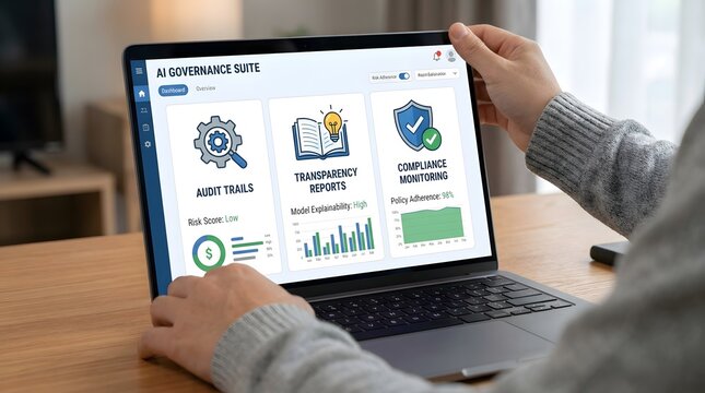 AI Governance Suite displayed on a laptop, showing Audit Trail, Transparency Reports, and Compliance Monitoring for the concept of Technology and Regulation.