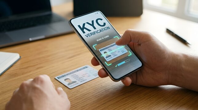 KYC verification on mobile phone with ID card for identity confirmation.
