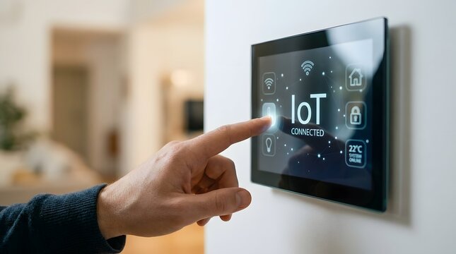 A finger touching an IoT device on a wall for the concept of smart home technology.
