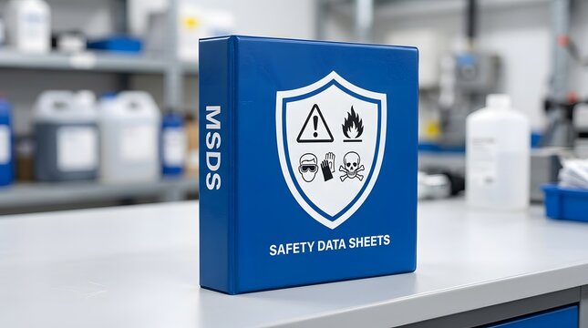 A blue binder with MSDS label and safety icons for the concept of workplace safety and chemical hazard information.