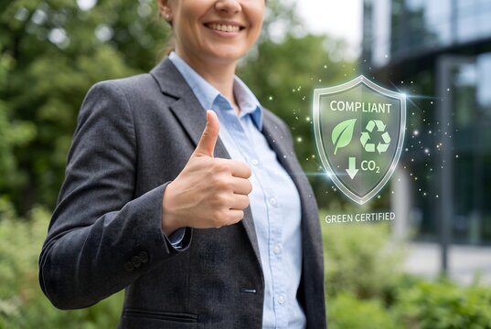 A business woman giving a thumbs up with green certification symbol for concept of sustainable business and environment protection.