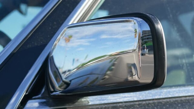 Polished chrome car mirror reflecting a tall palm tree, blue sky and a parking lot, French Riviera, France.