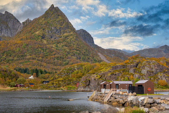 Scenic autumn landscape at Skarungen and Sandvika in the Lofoten Islands, Norway