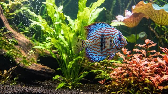 Vibrant Discus Fish Swimming in a Lush, Green Freshwater Aquarium with Driftwood