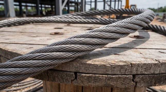 Thick twisted steel wire rope cable coiled on a large wooden spool at a construction site