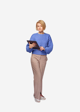  Photo of young attractive happy positive woman hold pc tablet hand touch chin isolated over withe background