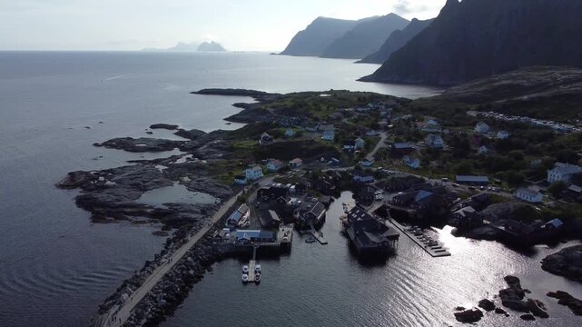 Lofoten Islands Norway, summer scenery with traditional fisherman cabins in the historic village of A, Norway
