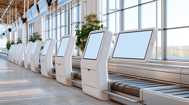Modern airport check-in kiosks and baggage conveyor belts in a bright, contemporary terminal