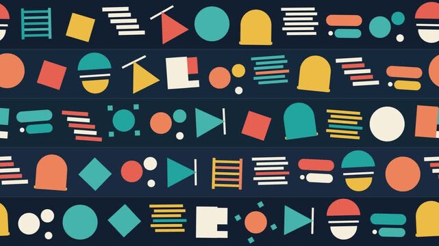 Colorful Geometric Shapes Scrolling in Rows Seamless Loop