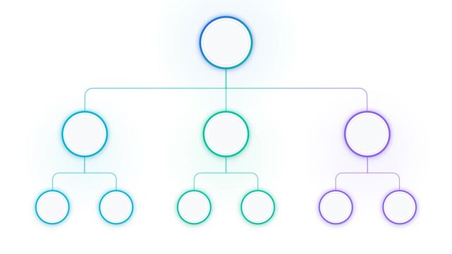 Animated Vertical Hierarchy Tree Diagram with Glowing Neon Circles