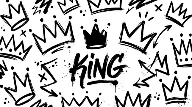 King crown graphic with graffiti elements and splashes on a white background abstract concept