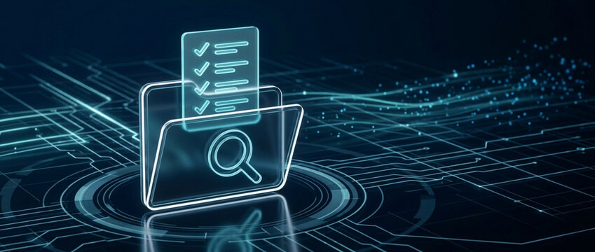 Digital data folder icon with checklist and magnifying glass on dark circuit background