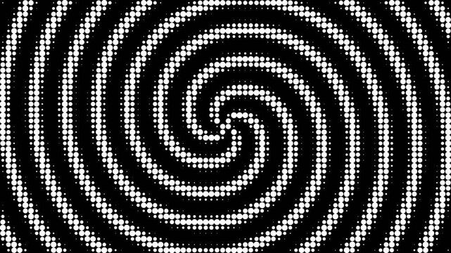 Spiral Vortex of Halftone Dots Spinning in Hypnotic Optical Illusion on Black Background