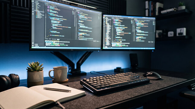 Dual monitor computer setup displaying software programming code on a dark