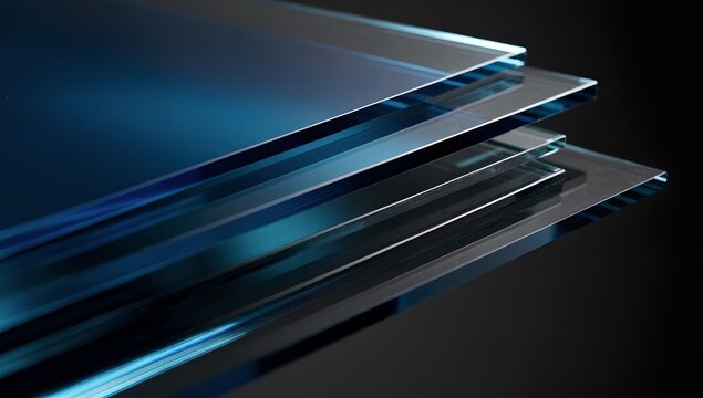 Stacked sheets of clear glass with a reflective, blue-tinted surface, showcasing their smooth texture and geometric arrangement