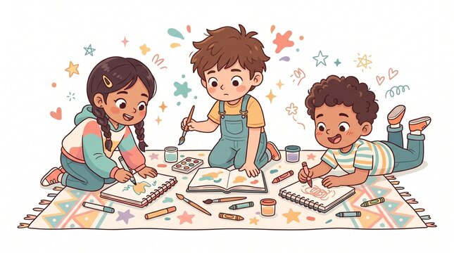 Children drawing with crayons watercolors and sketchbooks on colorful