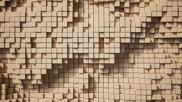 Top view 3D render of a field of sand-coloured square pillars at varying heights forming a wavy textured surface in warm neutral tones.