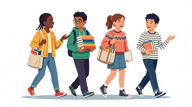 Four cheerful students carrying books backpacks and bags walking