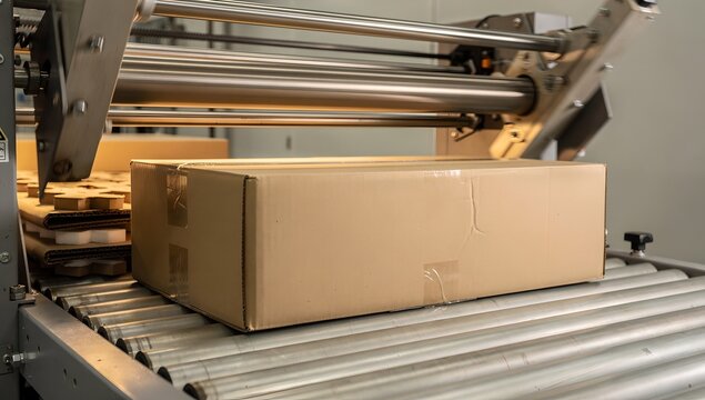 Cardboard box being sealed by a conveyor belt machine in a factory. The box is on a roller system, ready for shipping