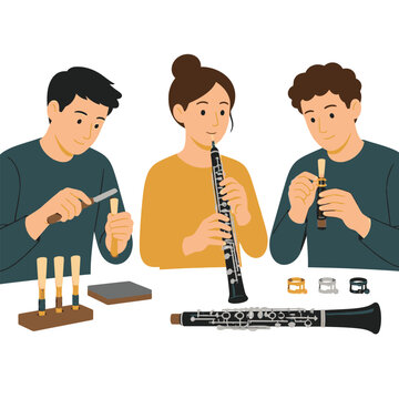 Flat vector illustration of people making and playing oboe reeds