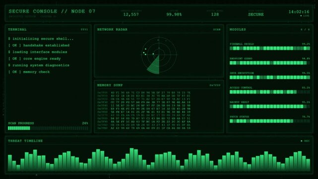 Green Secure Console Network Radar Memory Dump Threat Timeline Modules.