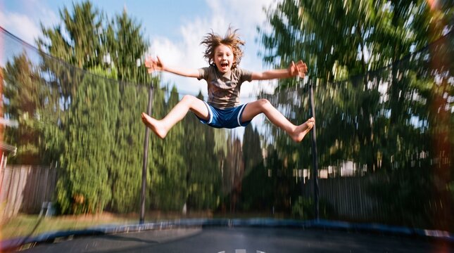 Happy Boy Jumping High on Backyard Trampoline
