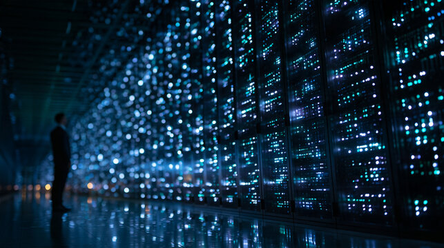 Businessman Standing in Modern High Tech Data Center