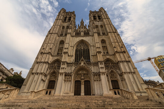 Grand gothic facade and twin towers of Cathedral of St. Michael and St. Gudula in Brussels   