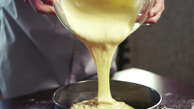 Closeup hands pouring cake batter bowl into pan. Chef cooking apple pie kitchen.