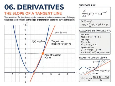 Derivatives slope tangent line math infographic with formula
