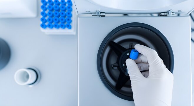Professional Laboratory Centrifuge Operation with gloved hand inserting a blue-capped test tube, ideal for medical research articles and perfect for biotechnology presentations.