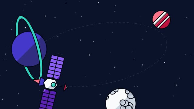 Modern satellite orbiting vibrant planets in deep space, a flat design illustration symbolizing advanced technology, digital connectivity, and cosmic exploration missions