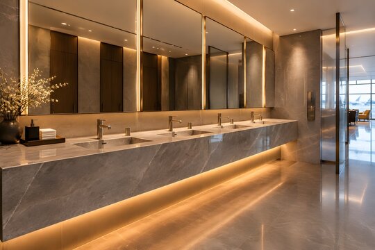 Modern airport restroom vanity with ambient led lighting in luxury first class lounge lavatory interior
